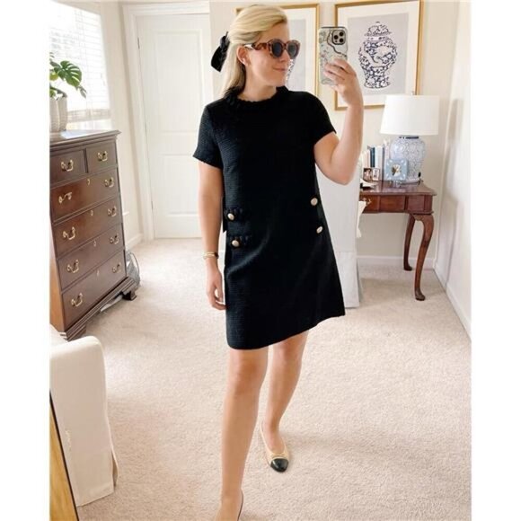 Women's Tweed Jackie Dress Crew Neck Short Sleeve Button Bodycon Mini - Picture 5 of 6